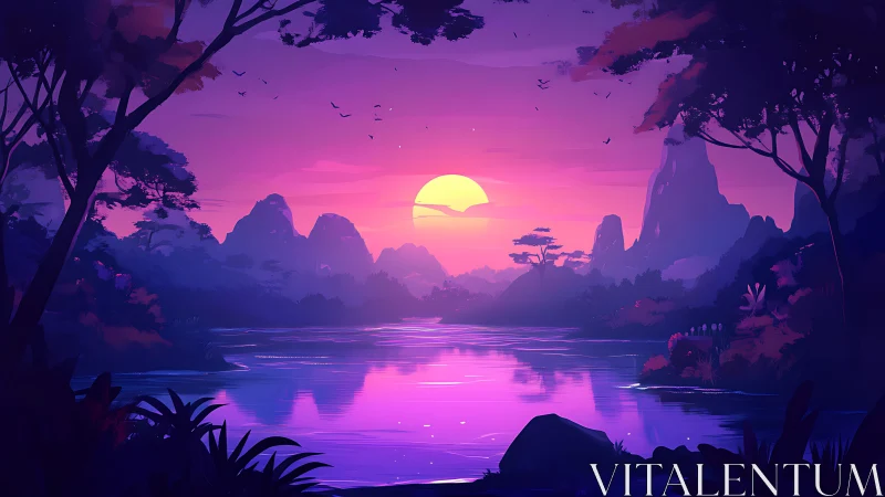Neon dusk river dreaming beneath a violet jungle sunset.