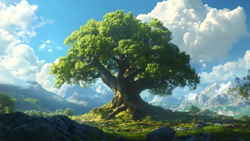 Majestic ancient tree welcomes light in a calm mountain valley