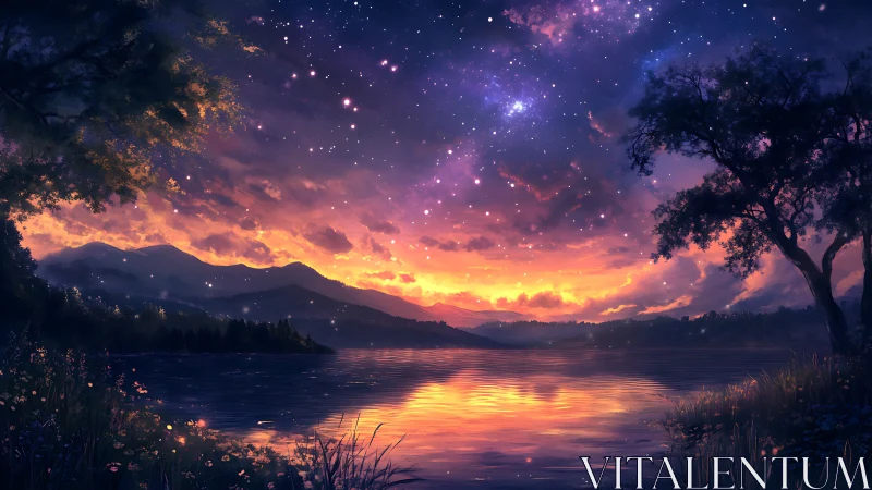 Starlit mountain lake glows under vivid twilight sky.