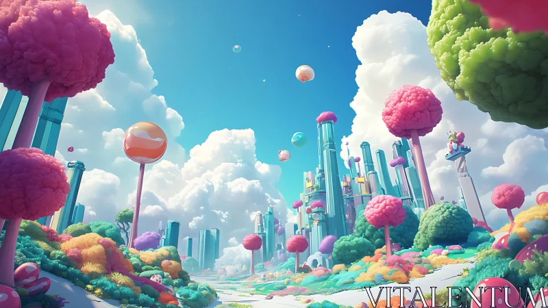 Vibrant candy metropolis with stylized trees under volumetric clouds