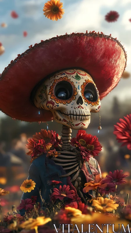 Sugar-skull serenade beneath a crimson festival sombrero.