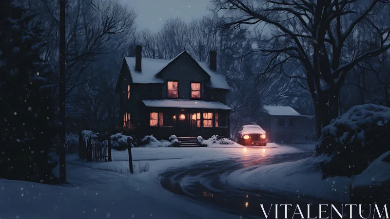Snow-covered house and parked car in low-light winter scene