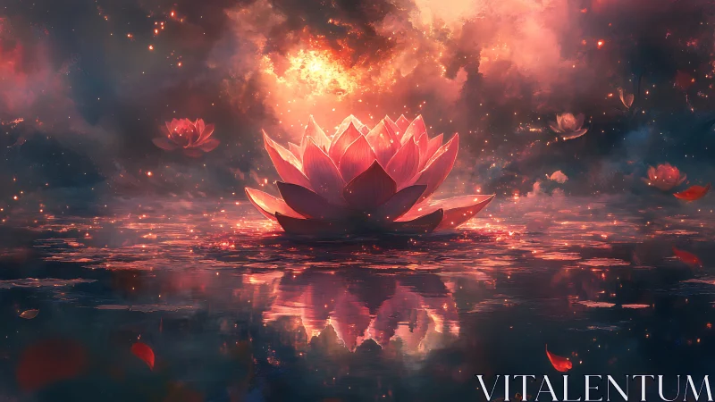 Luminous cosmic lotus blooms over reflective nebular water surface