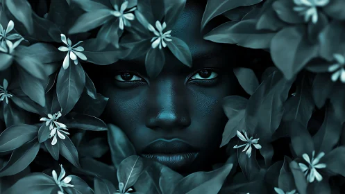 Gaze emerges from teal foliage in moody floral portrait