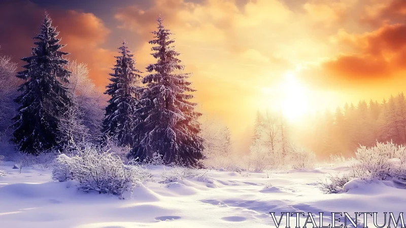 Radiant winter sunrise over snow laden conifer forest edge