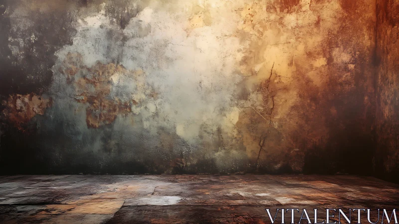 Weathered grunge room wall glows with warm rustic light