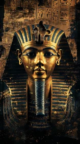 Pharaonic funerary mask render with blue gold nemes and uraeus