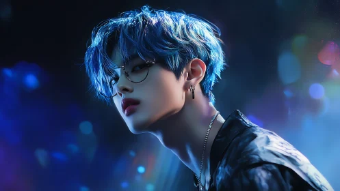 Blue-haired youth gazes through neon haze at midnight.