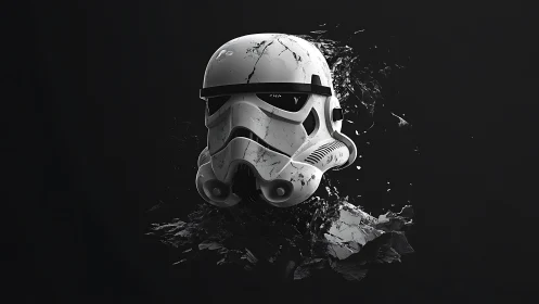 Cinematic stormtrooper helmet rendered in fragmented 3D space