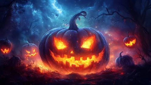 Glowing jack o’ lanterns blaze in a haunted twilight forest