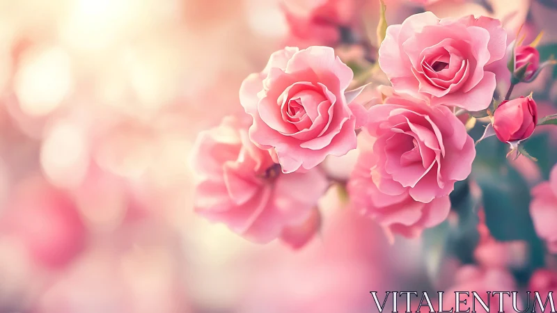 Pink roses in soft focus botanical arrangement with depth