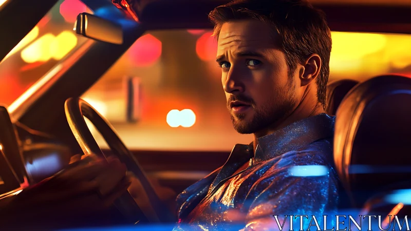 Night driver portrait under neon city lights.