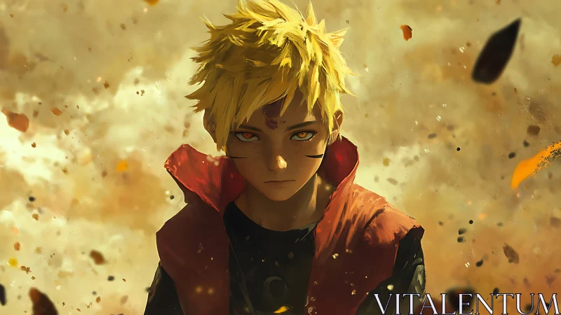 Blond anime boy in red jacket amid drifting particles.