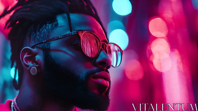 Neon portrait shows reflective sunglasses under cyberpunk glow