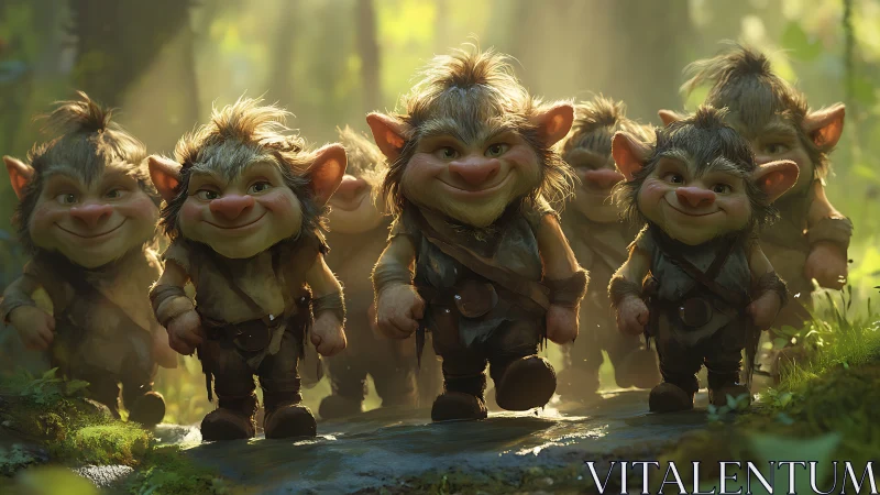 Group of stylized forest goblins walking on sunlit path.