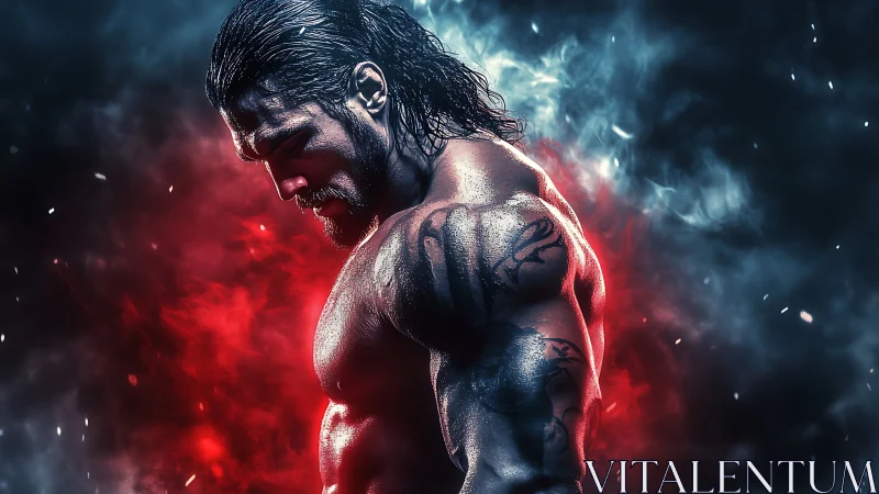 Stormlit warrior broods in embers and ice-torn shadow.