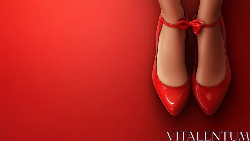 Red high-gloss shoes on monochrome background are displayed