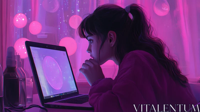 Dreamy young creator studies glowing galaxy on laptop