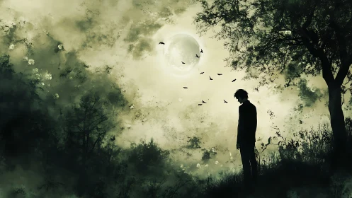 Silhouetted figure under full moon in dense woodland landscape.