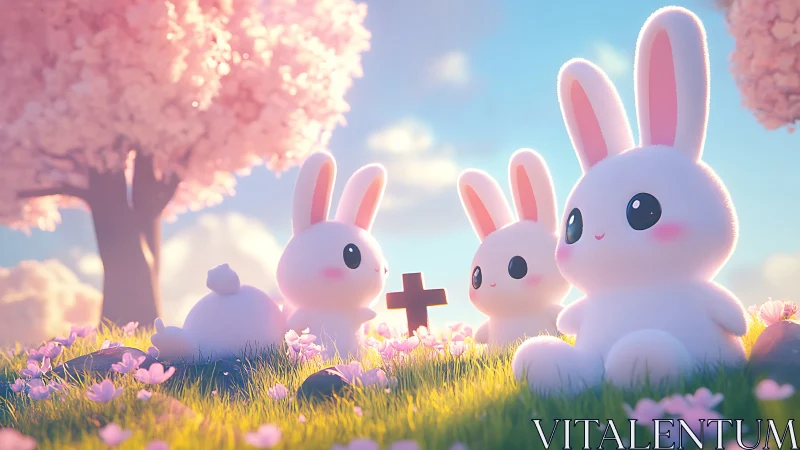 Digital rabbits in meadow near cross-shaped marker scene.