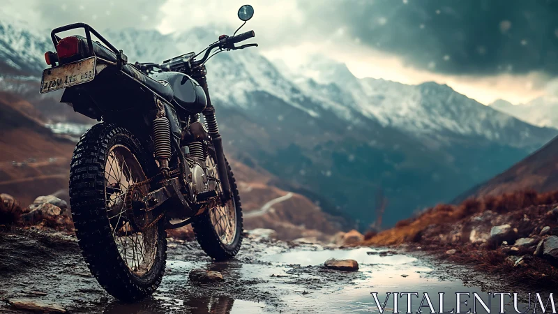 Muddy mountain trail waits beside a well-worn motorbike.