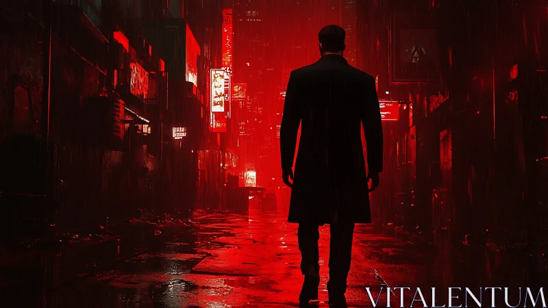 Mysterious figure walking into a neon red city night.