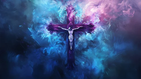 Cosmic crucifixion glowing in swirling violet and cyan nebula.