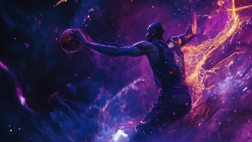 Dynamic basketball dunk amid neon plasma trails and volumetric light