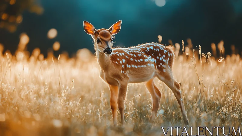Young spotted deer standing in sunlit meadow at dawn.