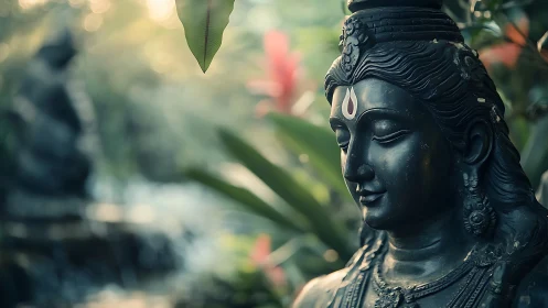 Serene dark stone deity sculpture in lush garden bokeh.