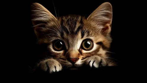Tabby Kitten with Wide Eyes Against Black Background