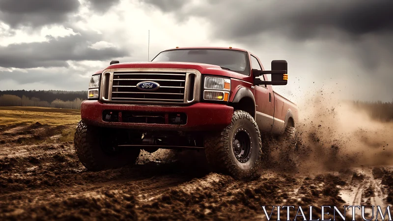 Red off-road pickup powers through deep country mud.