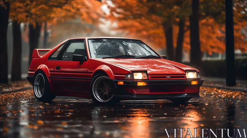 Scarlet retro coupe glows against rainy autumn boulevard.