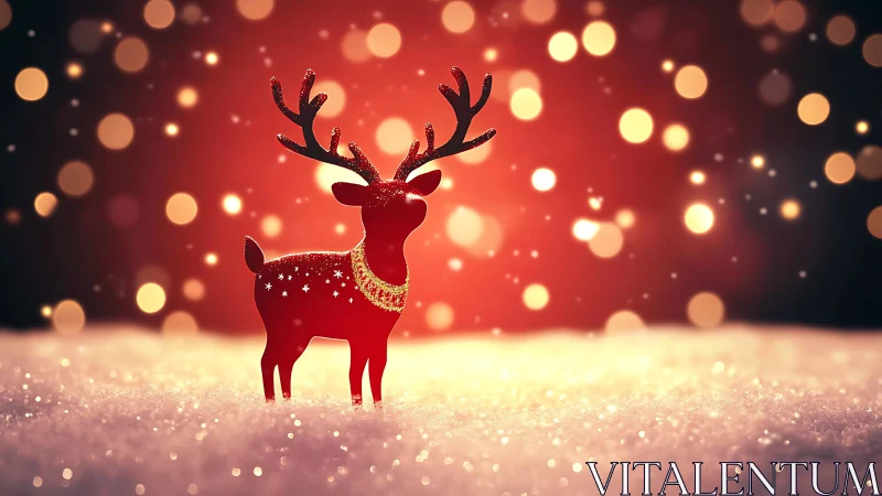 Red reindeer figurine in glittering bokeh snowfall on red field