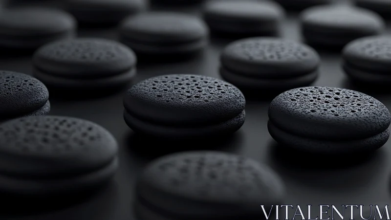 Charcoal black macarons in rhythmic shallow-focus rows.