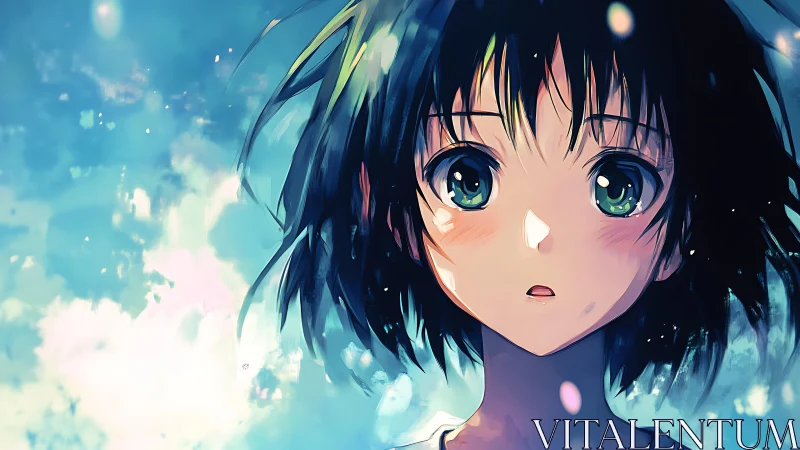 Soft sky-lit gaze of a thoughtful anime dreamer.
