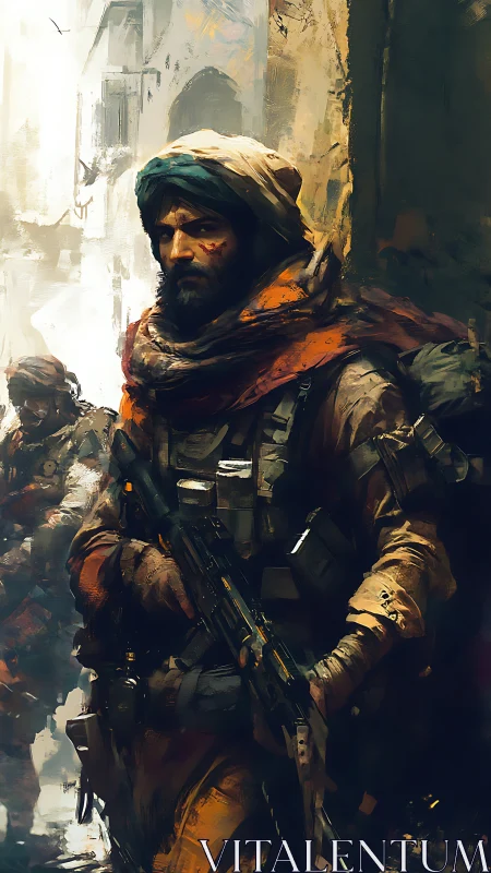 Battle-hardened soldier advances through narrow war-torn alley.