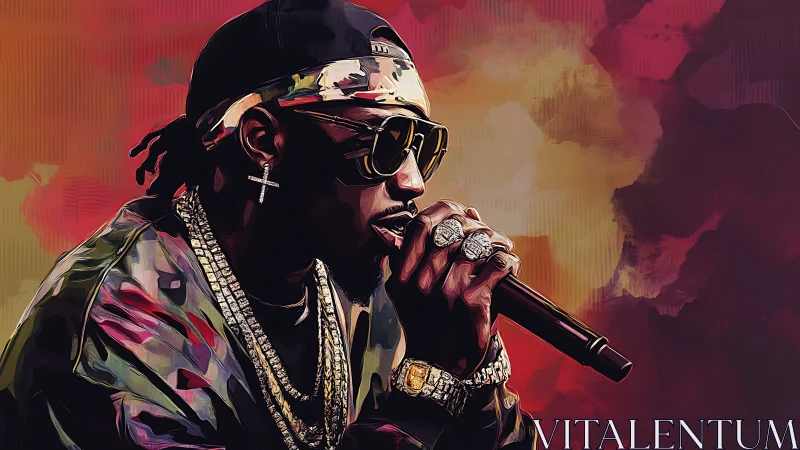 Digital portrait of rapper in performance profile view.