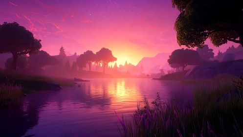 Vibrant violet sunset settles over a tranquil forest lake