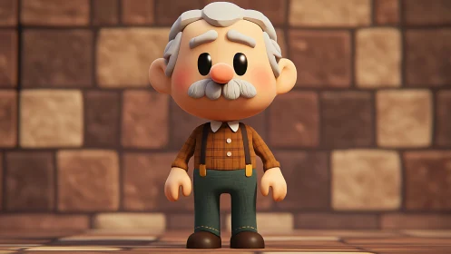 Stylized 3D elderly man character in plaid shirt and braces.