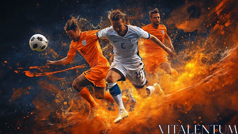 Blazing midfield duel in a storm of molten orange sparks.