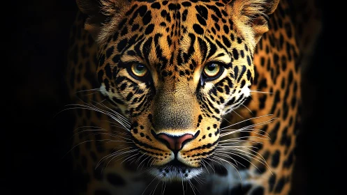 Leopard frontal portrait with ambient occlusion and high-key eye contact.