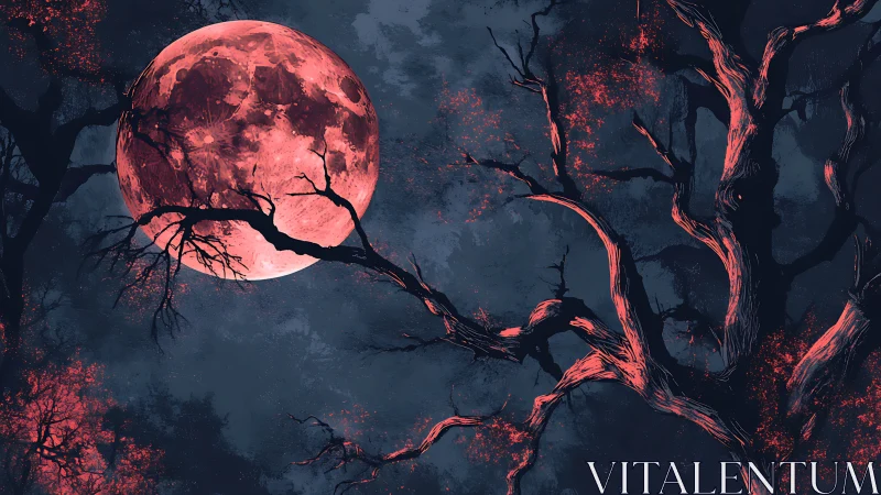 Red lunar disc behind silhouetted tree branches at night.