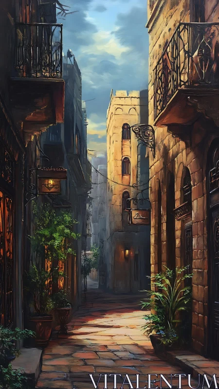 Sunlit Mediterranean alleyway with textured masonry surfaces.