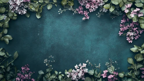 Pink flowers arranged on textured teal background surface