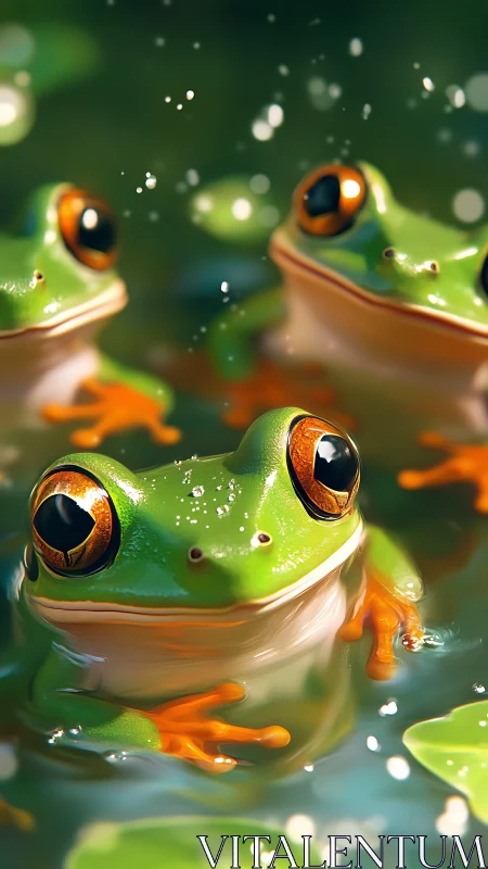 Vibrant tree frogs gaze playfully from a sunlit pond