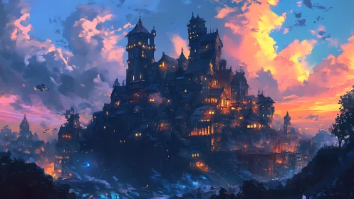 Luminescent vertical citadel under turbulent chromatic skies.