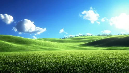 Rolling green hills welcome a calm, sunlit summer day