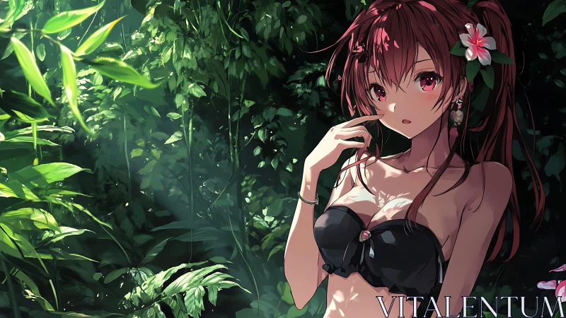 Anime girl in dense backlit jungle with high contrast lighting study