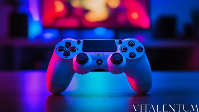 Gaming controller glows under neon lights in immersive room